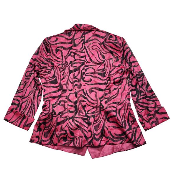 Alex Evenings Fuchsia Pink Black Metallic Print Blouse 3/4 Sleeve Wrap Top Small - Picture 4 of 10